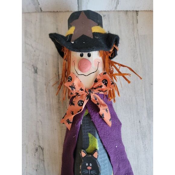 Wooden happy witch Black Cat Halloween Moon post vintage - Picture 2 of 11